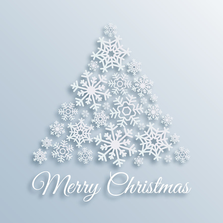 Paper style Merry Christmas greeting card with christmas tree made of white snowflakes. Xmas vector background template. Elegant poster, decoration. New Year, Winter Holidays design for celebration.のイラスト素材