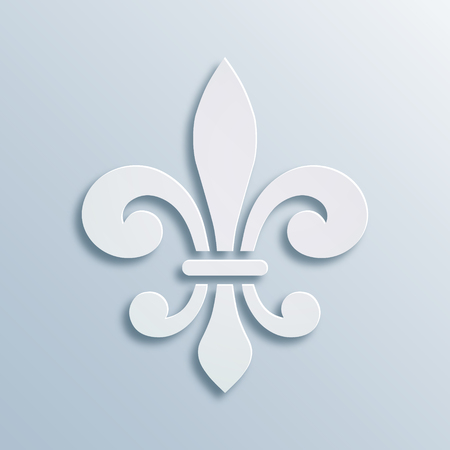 Fleur-de-lis background. Symbol of French heraldry. Paper style illustration. White vector geometric bas-relief, elegant decoration, stone ornament. Element for greeting cards, invitation template.のイラスト素材