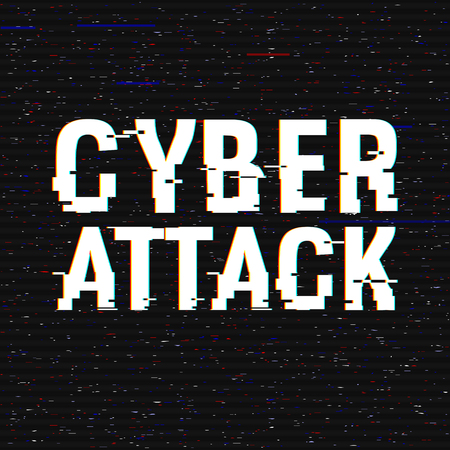 Cyber Attack glitch text. Anaglyph 3D effect. Technological retro background. Hacker application, malware, virus concept Vector illustration. Computer program, cyber security, TV channel screenのイラスト素材