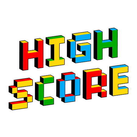 High Score text in style of old 8-bit video games. Vibrant colorful 3D Pixel Letters. Creative digital vector poster, flyer template. Retro arcade, platformer, computer program screen Gaming concept.のイラスト素材