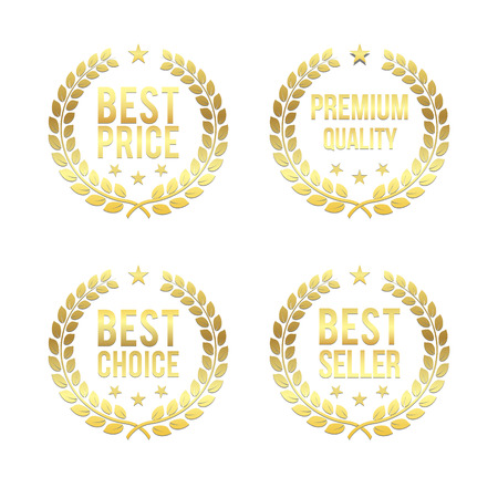 Gold Laurel Vector Wreath. Best Price, Best Choice, Premium Quality Awards. Golden badges. Design element for business, sale, retailing theme. Trophy for challenge. Symbol of victory and achievements.のイラスト素材