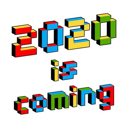 2020 is coming text in style of old 8-bit video games. Vibrant colorful 3D Pixel Letters. Creative digital New Year poster, flyer template for celebration. Holiday vector. Retro arcade screenのイラスト素材