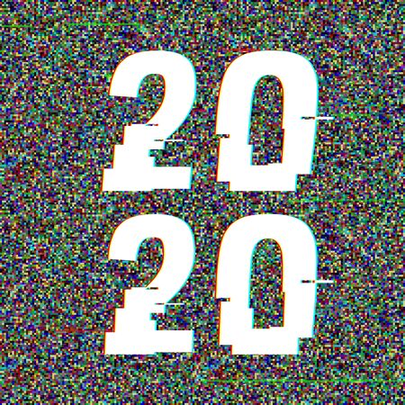 2020 glitch text in a frame. New Year concept. Anaglyph 3D effect. Technological retro background. Vector illustration. Creative web template Flyer, poster layout. Computer program, TV channel screenのイラスト素材