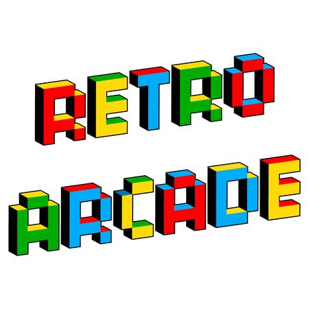 Retro arcade text in style of old 8-bit video games. Vibrant colorful 3D Pixel Letters. Creative digital vector poster, flyer template. Vintage platformer computer program screen Gaming concept.のイラスト素材
