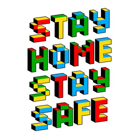 Stay Home Stay Safe text in style of old 8-bit games. Self-quarantine, self-isolation concept. Covid-19, Coronavirus 2019 protection vector illustration. Pandemic and epidemic flyer, poster layout.のイラスト素材