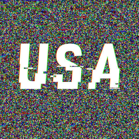 USA vector glitch text. Patriotic background with anaglyph 3D effect. Creative illustration, web template for american posters, flyers. Technological retro layout. Computer program, TV channel screenのイラスト素材