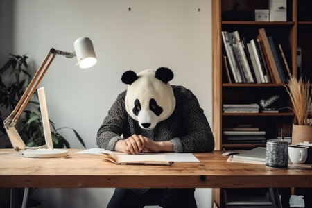 Man with a head of a panda bear working from home at his desk with papers. Made with Generative AIの素材