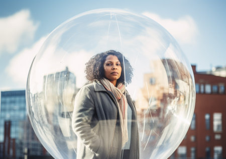 Middle-aged black woman inside a transparent bubble on a city street. Depiction of modern isolation and filter bubble of social media. Made with generative AIの素材