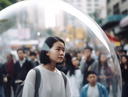 Young Asian woman inside a transparent bubble on a crowded city street. Depiction of modern isolation and filter bubble of social media. Made with generative AIの素材