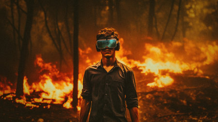 Young man wearing a virtual reality headset, while walking in a burning forestの素材