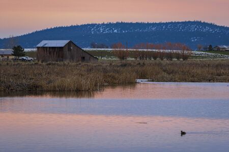The beautiful sunset at the California countryside. The lake, duke, trees and the wood cabinの写真素材