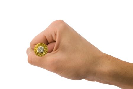 Man's fist holding wire wheel isolated on white including clipping pathの写真素材