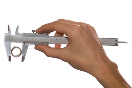 Man's hand measuring with beam-compass isolated on whiteの写真素材