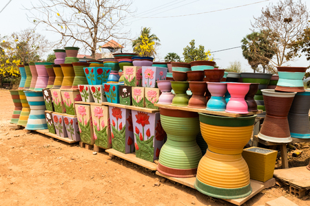 stone pots for flowers sold on the street.の写真素材