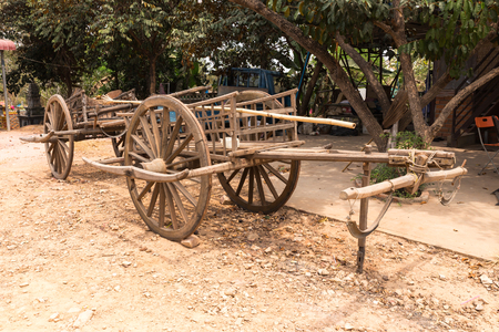 Traditional antique horse drawn wooden cart, cambodiaの写真素材
