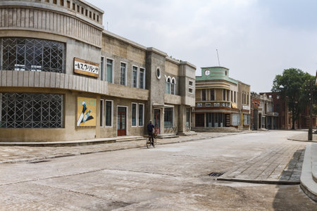 Pyongyang, North Korea - July 29, 2014: The Korean film Studio territory on 29 July 2014 in Pyongyang. One of the streets with decorations.のeditorial素材
