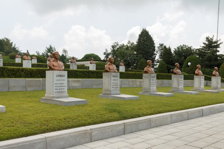 Pyongyang,North Korea-July 27, 2014: Busts of war heroes at the memorial cemetery of revolutionaries in Pyongyang.のeditorial素材