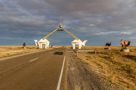 Zamiin-Uud, Mongolia - September 22, 2018: A sign designating entry to the town of Zamiin-Uud. A city in Mongolia, located on the border with China in the Gobi Desert.のeditorial素材