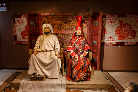 Tsonjin boldog, Mongolia - September 14, 2018: The wax figures of Genghis Khan and his wife Borte.のeditorial素材