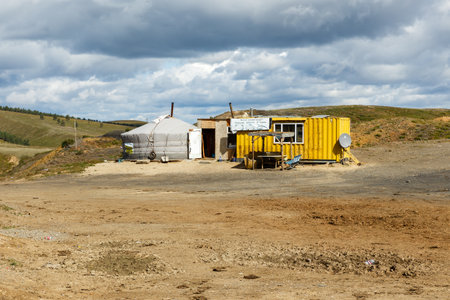 Bayangol, Mongolia - September 11, 2018: A small traditional roadside cafe on the pass. National cuisine in the Mongolian yurt in the Selenge Province.のeditorial素材