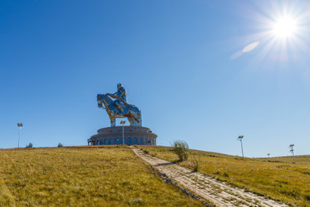 TSONJIN BOLDOG, MONGOLIA - September 14, 2018: The giant Genghis Khan Equestrian Statue is part of the Genghis Khan Statue Complex on the bank of the Tuul River at Tsonjin Boldog, near Ulaanbaatarのeditorial素材