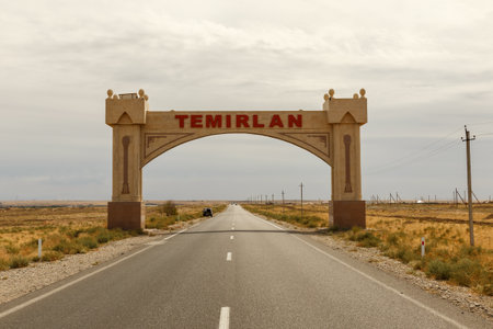 Temirlanovka, Kazakhstan - September 09, 2019: Entrance arch to the village of Temirlanovka in Kazakhstan. Entry into the village.のeditorial素材
