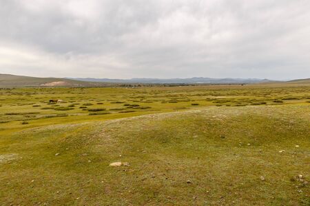 Mongolian steppe on the background of a cloudy sky, beautiful landscape. Mongoliaの写真素材