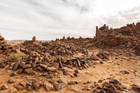 ruins of the ancient town in the Sahara desert, lost ghost town Hassi Ba Hallou, Errachidia Province, Moroccoの写真素材