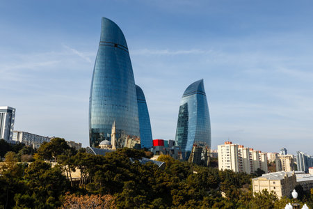 Baku, Azerbaijan - November 13, 2019: Flame Towers is a trio of skyscrapers in Baku, Azerbaijan.のeditorial素材