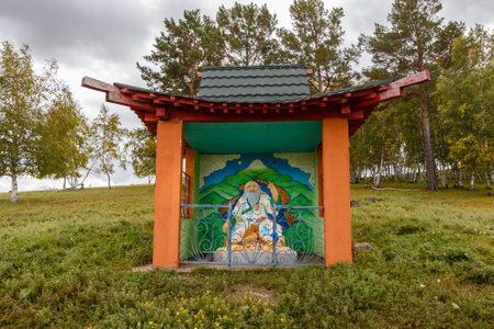 Bornuur, Mongolia - September 11, 2018: Buddhist monastery in the steppes. The figure of an old man in a small house.のeditorial素材