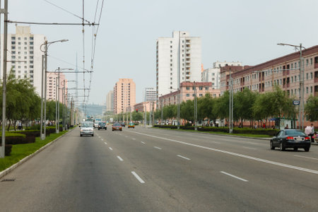 Pyongyang, North Korea - July 29, 2014: Moranbong Street in Pyongyang. One of the typical streets of Pyongyang.のeditorial素材