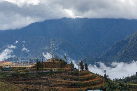Beautiful mountain landscape. Sa Pa, Vietnam. Electricity pylon in the mountains.の写真素材