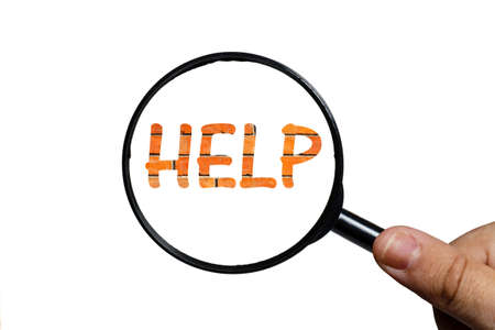 help text and magnifying glass in hand on white background.