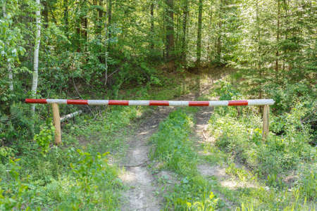 Closed barrier on the road in the forest. Entry into the forest is prohibited.