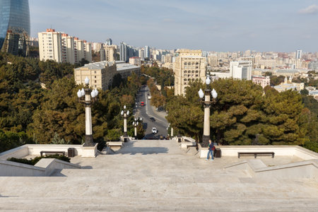 Baku, Azerbaijan - November 13, 2019: View of Lermontov Street in Baku. Panoramic View From The Mountain Parkのeditorial素材
