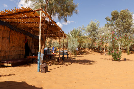 Errachidia Province, Morocco - October 16, 2015: Oasis Merzouga. Camp for tourists in the sand dunes of the Sahara Desert. Erg Chebbiのeditorial素材