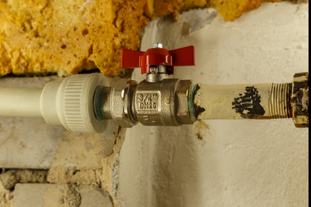water tap on heating pipe between iron pipe and plastic pipe. Heating apartment in winter.の写真素材
