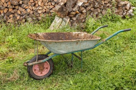 empty wheelbarrow standing on a green meadow near a pile of firewood. Wheelbarrow for transporting livestock manure.の写真素材