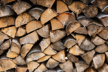 old firewood stacked in the woodpile, textured firewood background of chopped wood