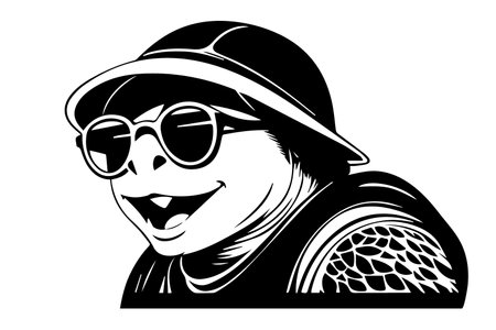 Turtle in a hat and sunglasses. Vector illustration. black and white.のイラスト素材