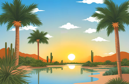Oasis in the sandy desert. Palm trees and water. Generative AI.の素材