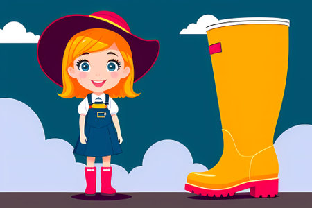 Cute cartoon girl in a cowboy hat and rubber boots. illustration. Generative AI.の素材