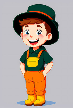 illustration of Cute cartoon boy in hat and overalls. Generative AI.の素材