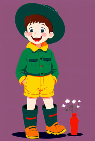 illustration of a cute cartoon boy in a hat and rubber boots. Generative AI.の素材