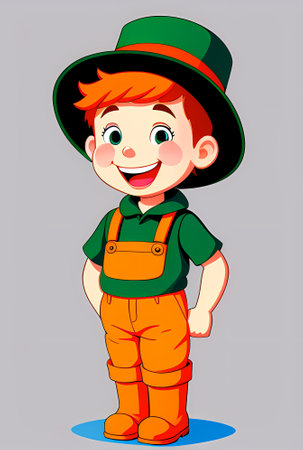 illustration of Cute cartoon boy in hat and overalls. Generative AI.の素材