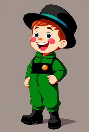 illustration of Cute cartoon boy in hat and overalls. Generative AI.の素材