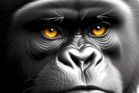 The gaze of a gorilla. Portrait of a monkey in close-up. Generative AIの素材