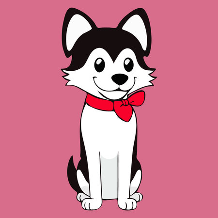 Happy cartoon puppy with bow tie on pink background. Flat vector illustration.のイラスト素材