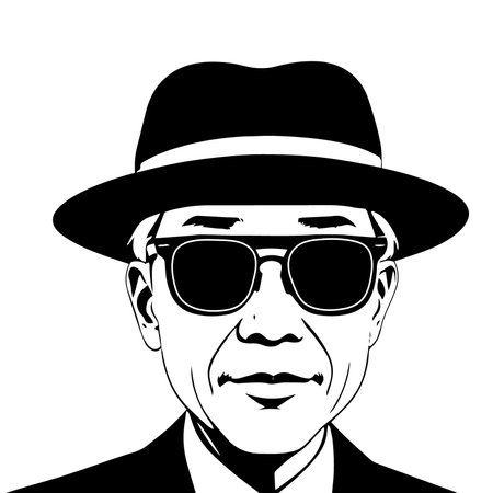 Vector illustration of a black and white portrait of a man in a hat and sunglassesのイラスト素材