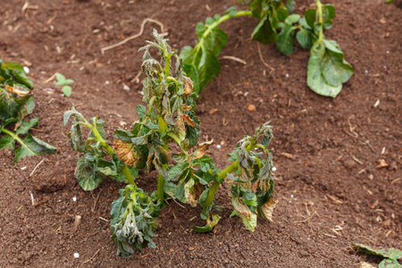 Potato plants damaged by the frost. Potato plants showing signs of frost damage to leaves. potato agricultural field.の写真素材